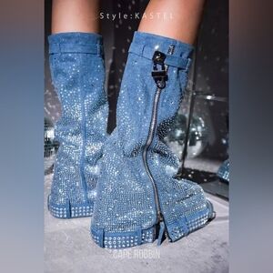 CAPE ROBBIN "Kastel"  Denim Thigh High Rhinestone Studded Boots SZ 10